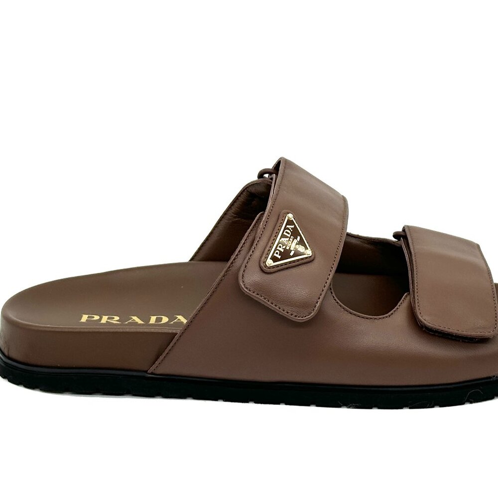 PRADA Triangle Logo Double Band Leather Flat Slide Dad Sandals Shoes Cacao - Picture 12 of 16